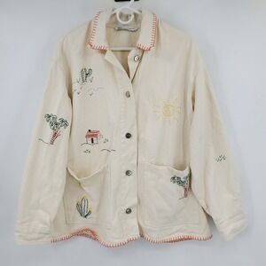 Zara Cream Embroidered Jean Jacket with Multicolor Details